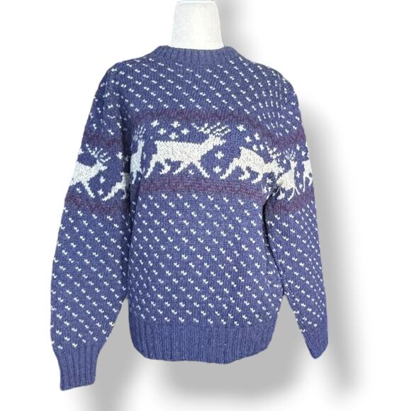 Vintage Blue Reindeer Wool Sweater Fair Isle Blue Knit Nordic Cottagecore Large - Picture 3 of 8